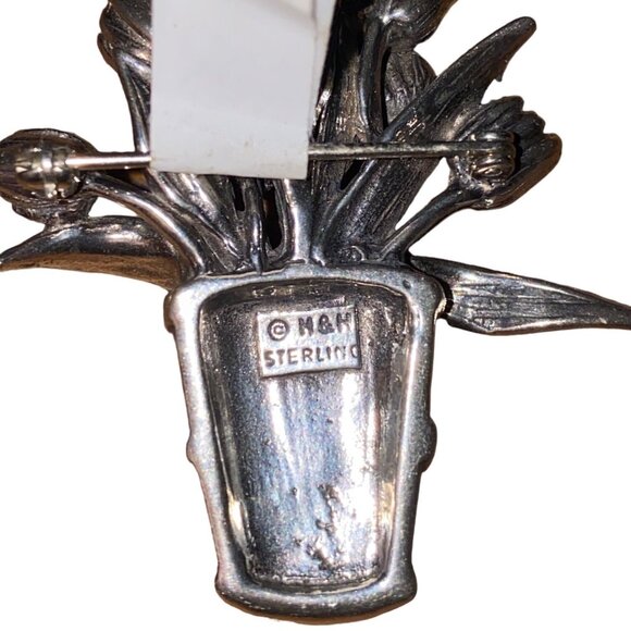 Vintage M&H Sterling Silver Tulip Flowerpot Brooch - Picture 4 of 5